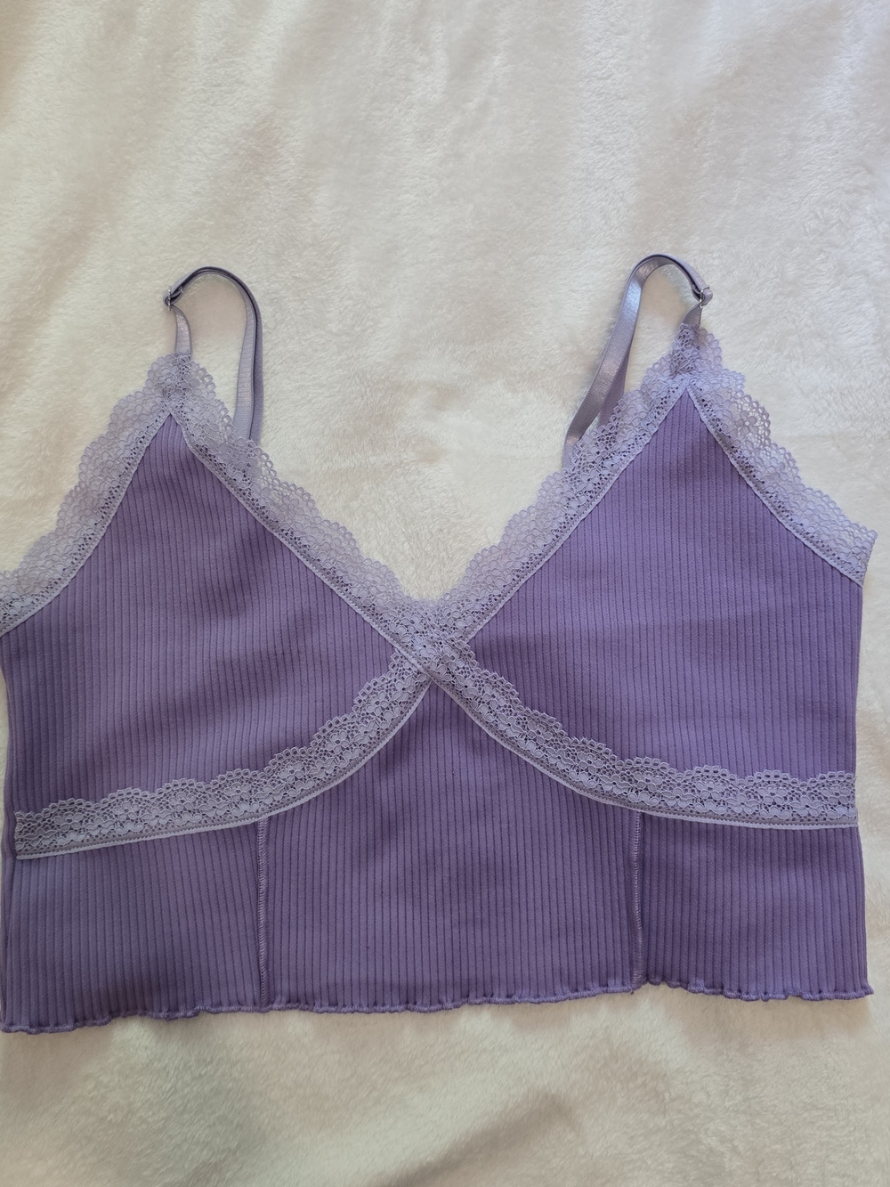 H&M Divided Lavender Ribbed Lace Trim Cami Crop Top Large Y2K Coquette